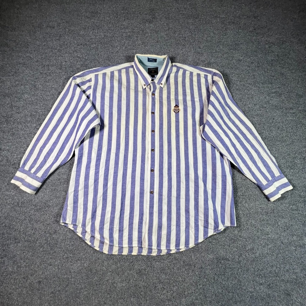 Chaps Ralph Lauren Mens XL White Blue Striped Button Down Shirt Cotton Preppy